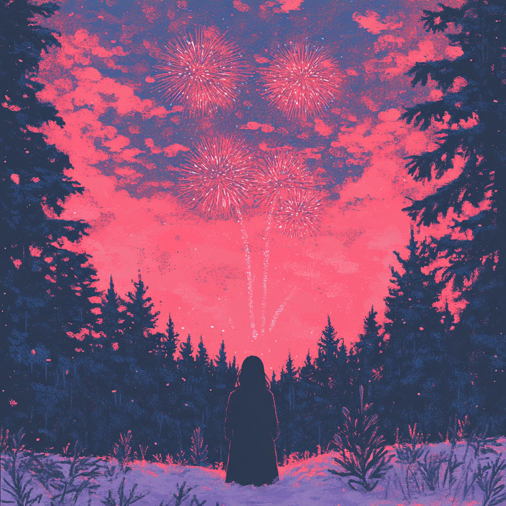 Fireworks burst in a dusky pink sky, framed by shadowy evergreens, representing celebration and the magic of new beginnings.