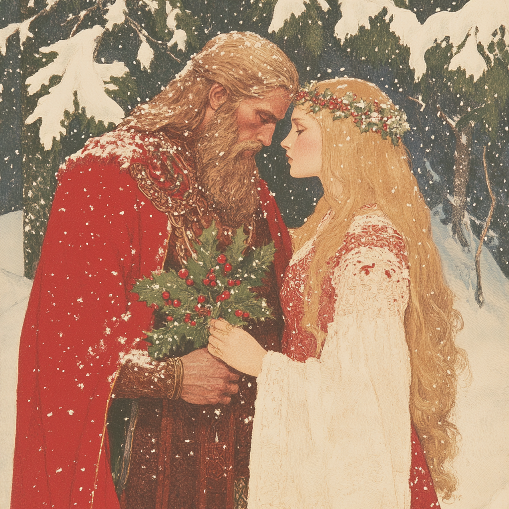 A Yule god and goddess sharing an intimate moment in a snowy landscape, holding holly sprigs symbolizing winter solstice traditions and renewal.