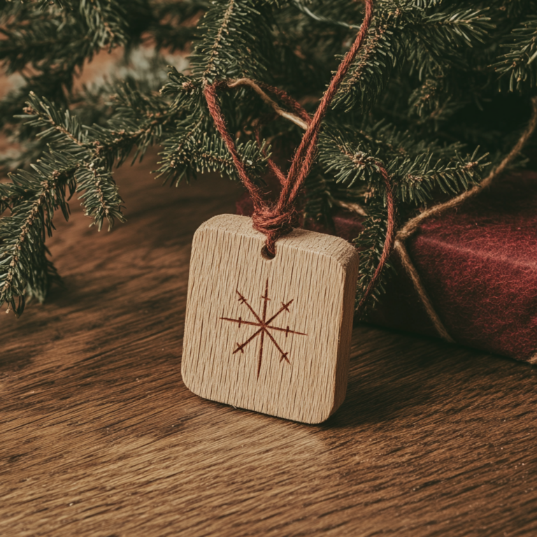 A square wooden ornament featuring a carved rune symbol painted in red, tied with a rustic red string, resting near a wrapped gift and evergreen decorations.