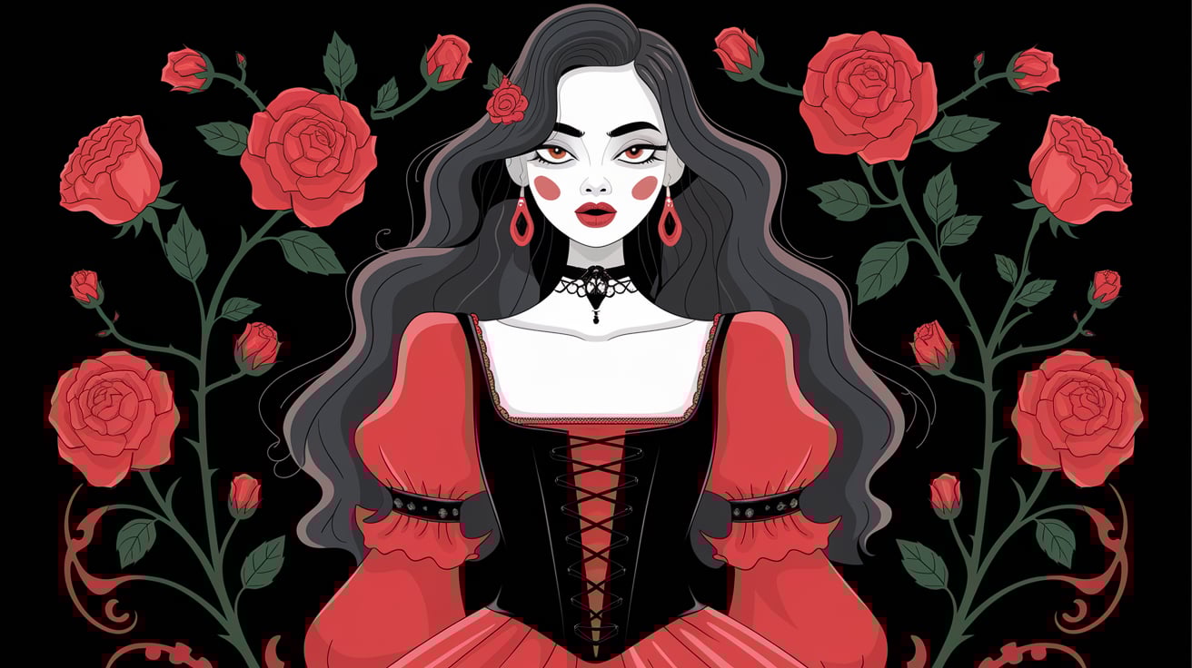 Illustration of a gothic woman surrounded by red roses, wearing a dramatic black-and-red dress, symbolizing beauty and shadow.