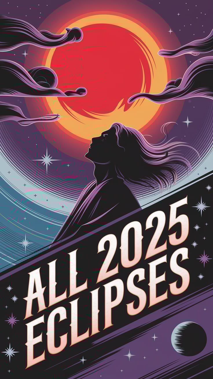 An atmospheric depiction of a total lunar eclipse with a blood-red moon. The silhouette of a person with flowing hair is framed by dreamy, colorful skies and starry patterns, representing themes of astrology and spiritual transformation.