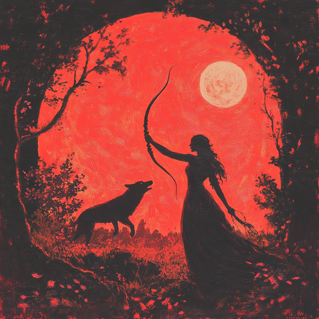 A Beginners Guide to Working with Artemis A silhouette of a woman holding a bow and arrow with a wolf beside her, framed by a glowing red moon and surrounded by trees, symbolizing Artemis, the Greek Goddess of the Hunt, and her connection to wilderness and independence.