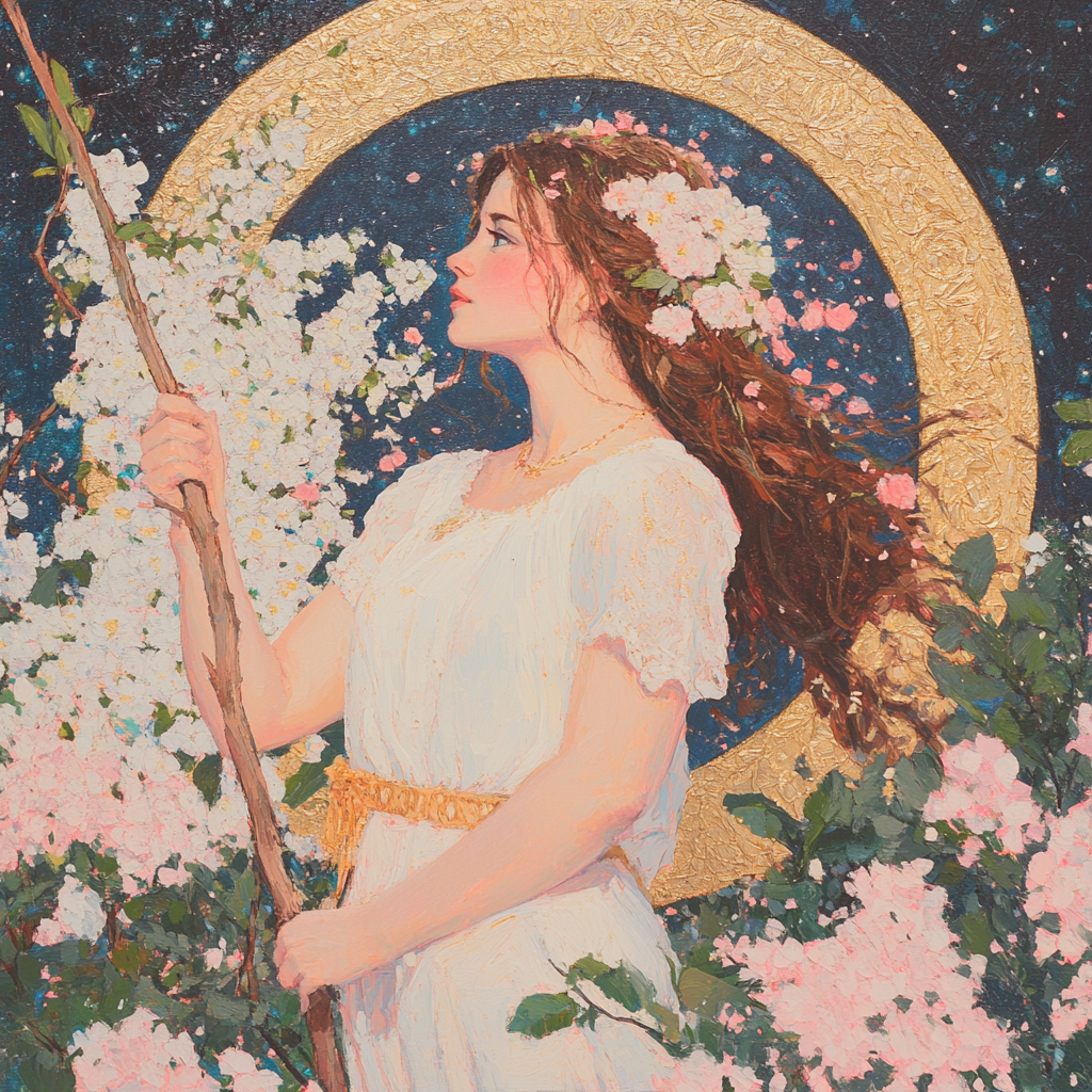 A serene depiction of a woman surrounded by blooming white flowers, holding a staff. Her peaceful expression and celestial halo symbolize Artemis's role as the protector of the wilderness and the moon's influence.