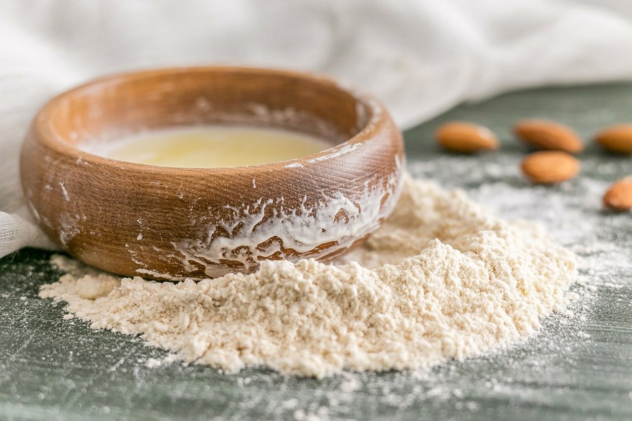 Wooden bowl with almond milk, white flour mound, and whole almonds arranged on dark green linen showing cookie ingredients before baking