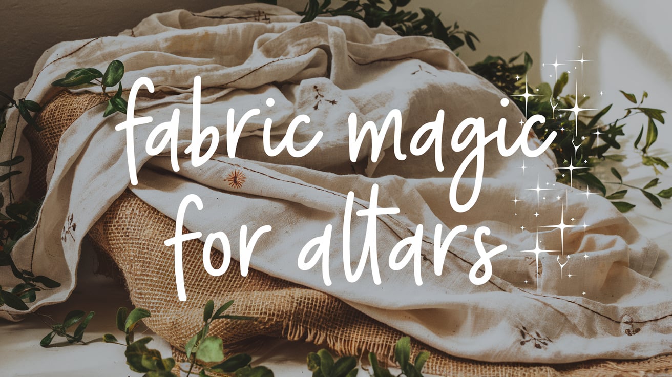 A rustic arrangement of soft, neutral-toned linen and burlap fabrics draped elegantly, creating a natural and earthy aesthetic. Embroidered details on the linen add a delicate touch of craftsmanship. Lush green vines surround the setup, bathed in warm natural light that highlights the textures. Sparkling accents add a mystical vibe, with bold, playful text overlaying the scene that reads, “Fabric Magic for Altars.”