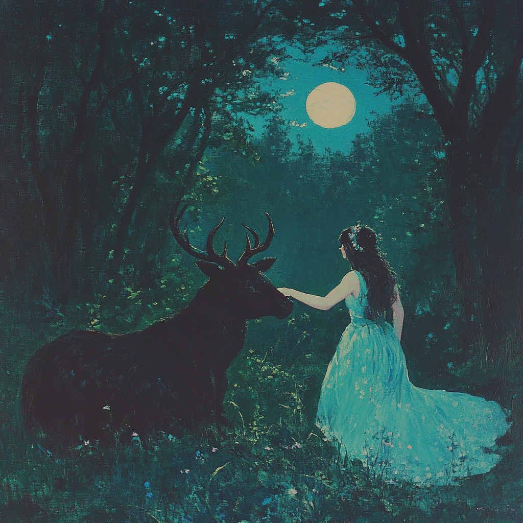 A woman in a flowing white dress gently reaching out to a majestic black stag under the light of a full moon in a lush forest. This scene reflects Artemis's role as the protector of wildlife and her harmonious bond with nature.