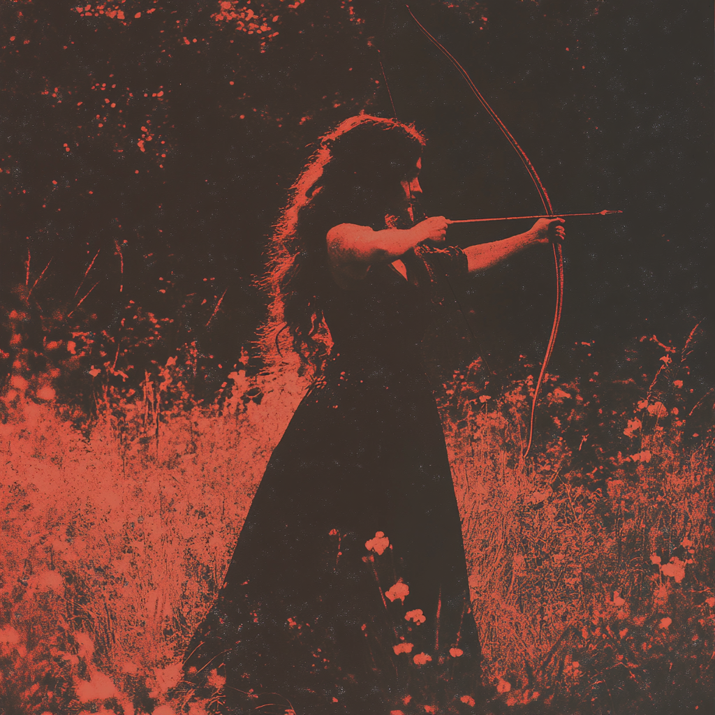 A dynamic red-toned image of a woman in a wild meadow drawing a bow. This captures Artemis’s powerful energy as a huntress and her mastery of precision and focus.