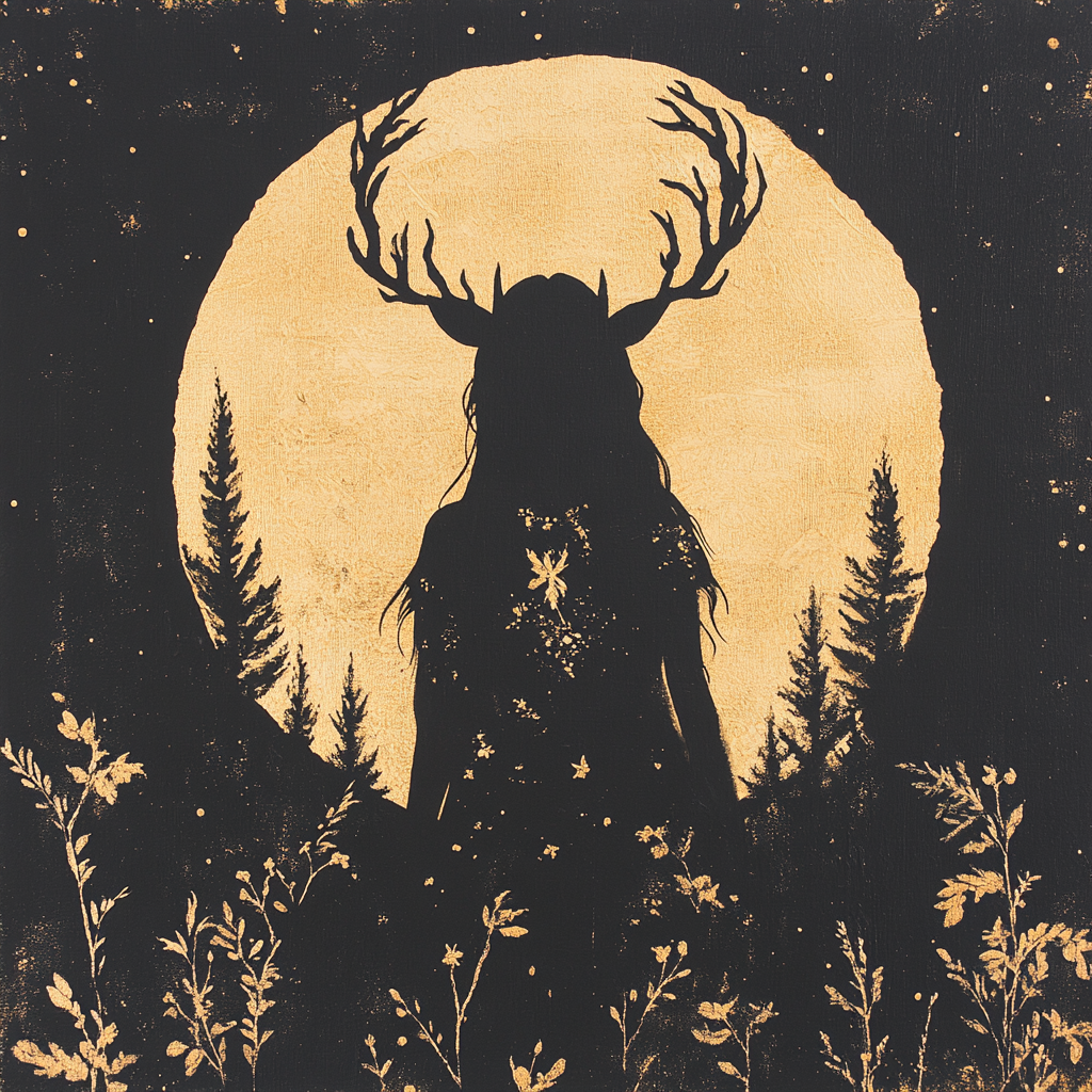 Artemis deity work for beginners A shadowy figure adorned with antlers, standing in front of a golden full moon with a forest background, evoking Artemisโs mystic and powerful energy as a protector of the wild and embodiment of lunar magic.