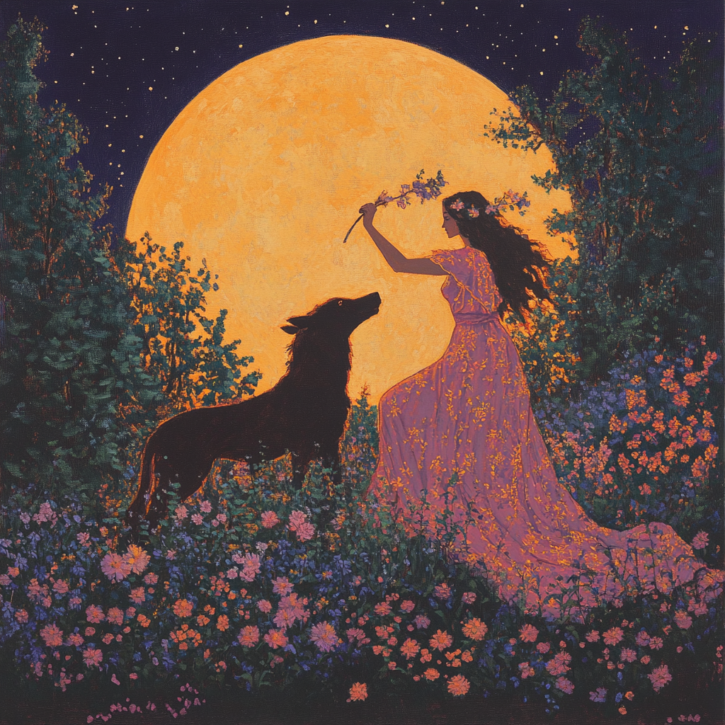 Baby witchs guide to Artemis witchcraft A woman in a floral gown holding a sprig of flowers while standing beside a wolf under a glowing orange moon in a field of vibrant flowers, representing Artemis's nurturing connection to nature and wildlife.