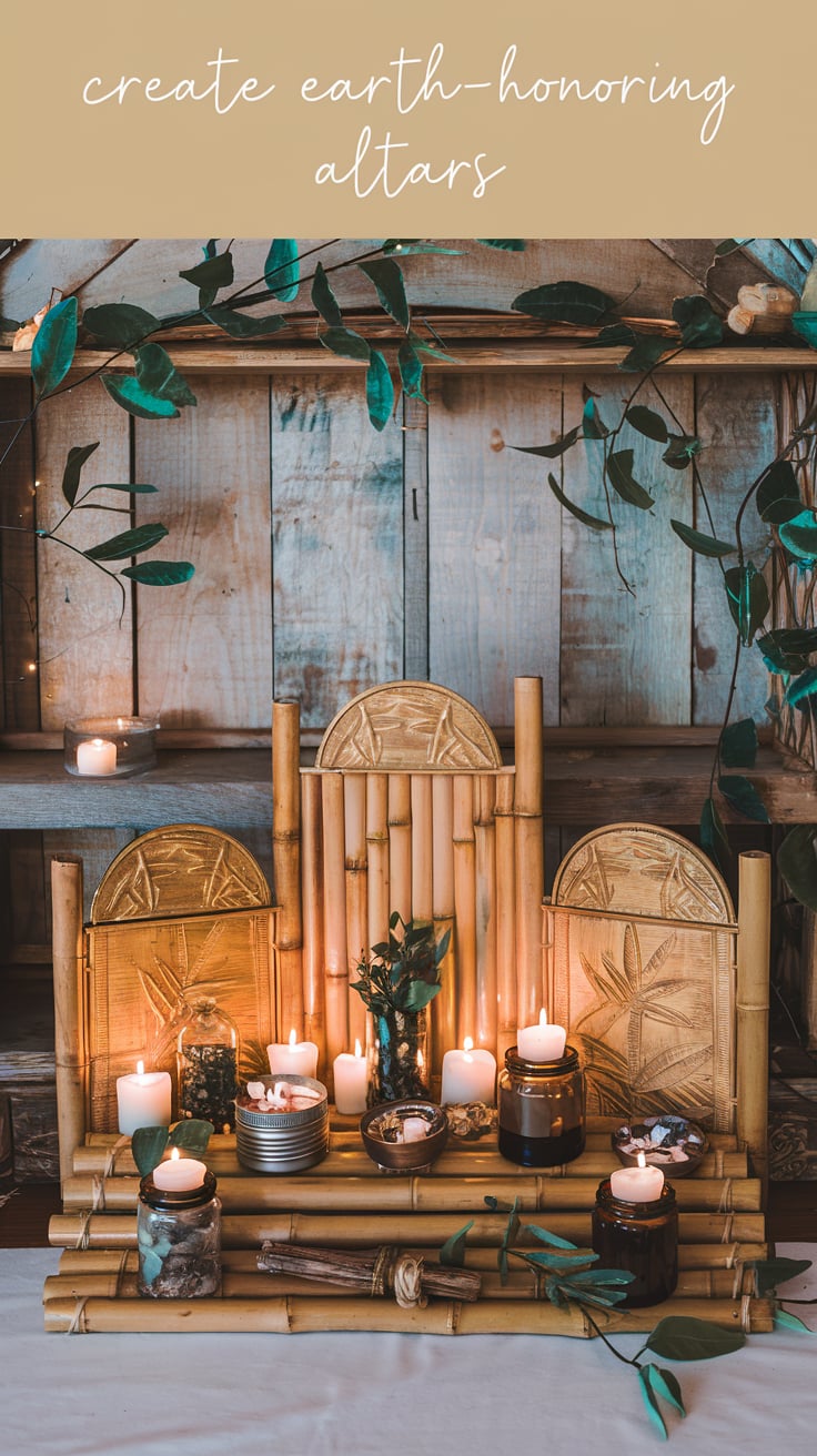 A minimalist bamboo altar with a natural and earthy vibe. The altar features golden-toned bamboo panels carved with delicate botanical patterns, surrounded by glowing white candles and small jars filled with herbs and stones. Lush green vines drape elegantly around the setup, enhancing the organic aesthetic. The background showcases rustic wooden planks, adding texture and warmth to the serene composition. Text in a soft, handwritten font at the top reads, “Create Earth-Honoring Altars.”