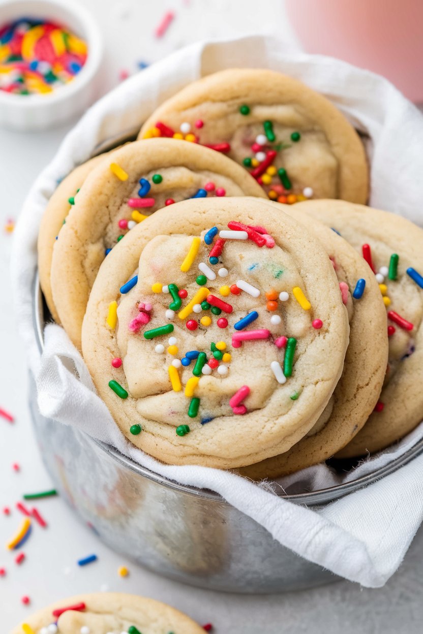 A collection of perfectly baked sugar cookies with pastel sprinkles, showcasing a no-spread recipe for festive decorating.