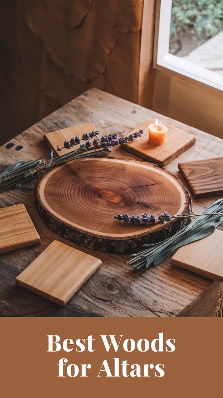 A rustic altar setup with a thick, round slab of wood featuring natural bark edges. The wood grain radiates outward, creating a mesmerizing texture. Surrounding the altar are sprigs of dried lavender, a small beeswax candle, and flat wooden samples showcasing different wood tones, adding warmth to the cozy, earthy ambiance.