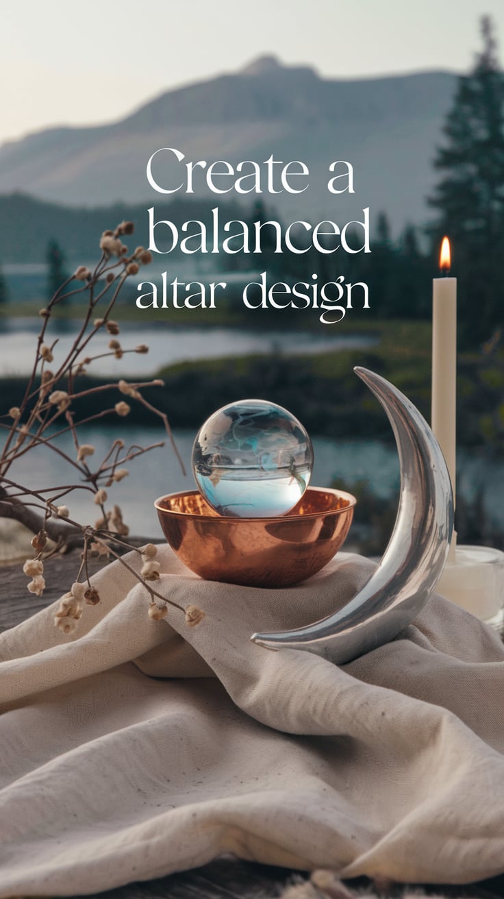 Best woods for spiritual altars An altar setup with a natural outdoor backdrop of mountains and a serene lake. A copper bowl holds a glass sphere, surrounded by a silver crescent moon decor and a white taper candle. Soft beige linen adds a grounded touch to the rustic wooden surface. The text, “Create a balanced altar design,” is presented elegantly, complementing the natural setting.