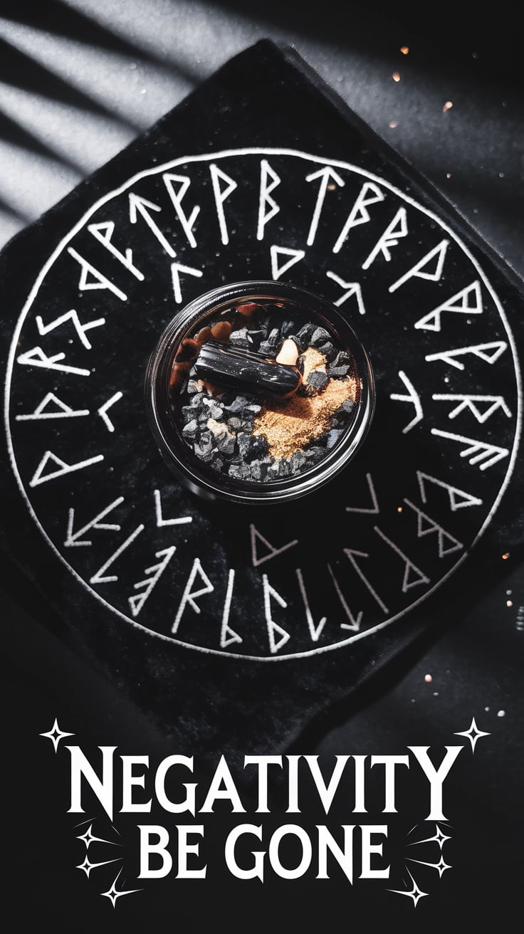 A top-down view of a jar filled with black salt, garlic powder, and black tourmaline placed at the center of a rune-inscribed circle. The dark, velvety background and sharp shadows create an atmosphere of strength and defense. The bold text "Negativity Be Gone" at the bottom is accented with sparkling protective motifs.