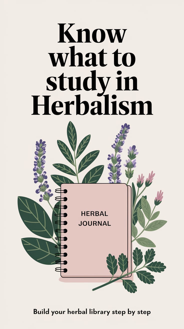 Build your herbal library step by step ‘Know What to Study in Herbalism’ — clear serif font, middle placement, light cream background, a small herbal journal and fresh herbs; bottom caption: ‘Build your herbal library step by step’