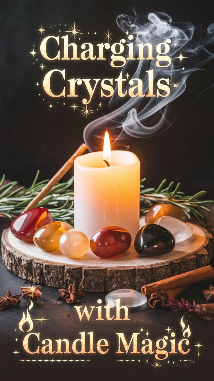 A lit white candle is the centerpiece of a rustic altar setup with vibrant crystals and herbal accents, including sprigs of rosemary and cinnamon sticks. Polished stones in earthy and fiery tones glow under soft candlelight. The text “Charging Crystals with Candle Magic” is displayed with bright stars and flame icons, enhancing the spiritual theme.