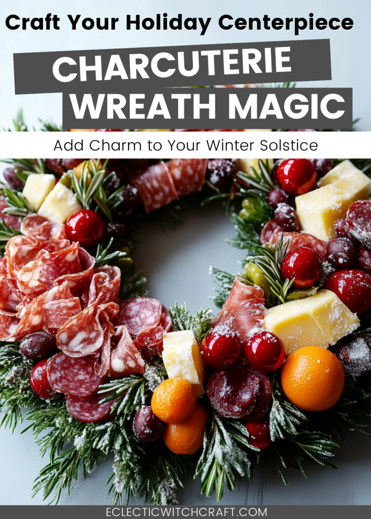 Charcuterie wreath for Yule A magical charcuterie wreath adorned with rosemary sprigs, salami, brie, and colorful fruits, embodying the spirit of Yule with its thoughtful and delicious design.