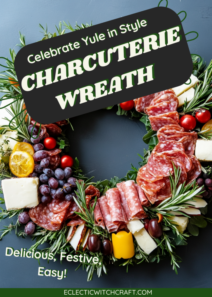 Charcuterie wreath for winter solstice A thoughtfully crafted charcuterie wreath combining festive elements like fresh herbs, assorted meats, cheeses, and bright seasonal fruits, perfect for Winter Solstice gatherings.