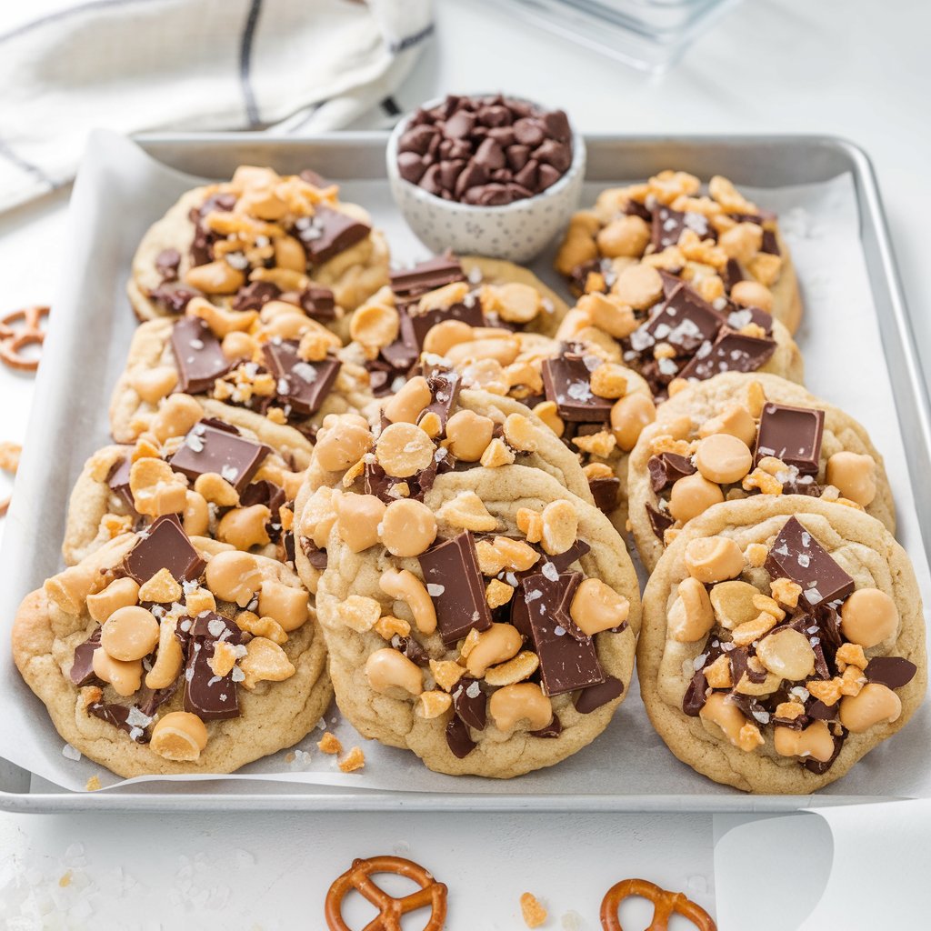 A holiday dessert featuring cookies loaded with everything but the kitchen sink, including chocolate chips, festive sprinkles, and pretzels, perfect for Christmas parties.