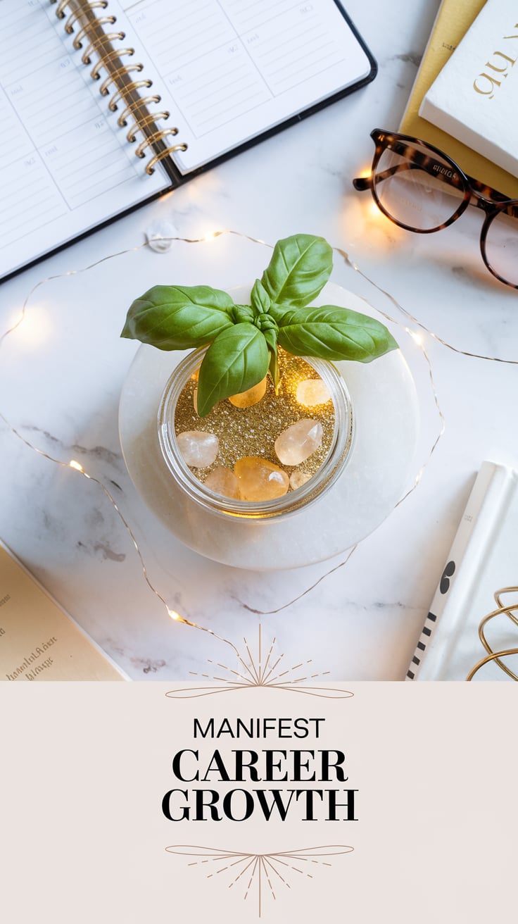 A minimalist top-down view of a spell jar brimming with basil, citrine stones, and gold glitter. The jar rests on a marble platter surrounded by office tools like a planner and tortoise-shell glasses. The text "Manifest Career Growth" is prominently displayed in a bold and classic font, with a soft beige background enhancing the serene yet ambitious aesthetic.