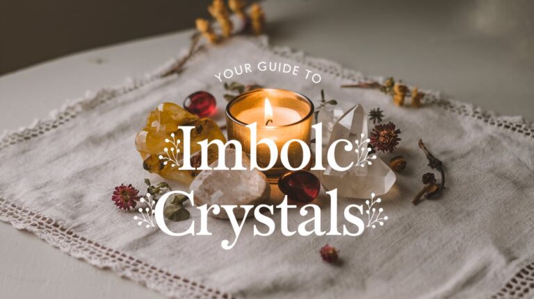 A tranquil and inviting Imbolc altar setup, featuring a single golden candle surrounded by an assortment of crystals, including citrine, garnet, and clear quartz. The crystals rest on a white linen cloth with lace accents, while dried flowers and herbs provide natural pops of color. The text, "Your Guide to Imbolc Crystals," is elegantly placed in the foreground, with delicate floral motifs framing the composition.