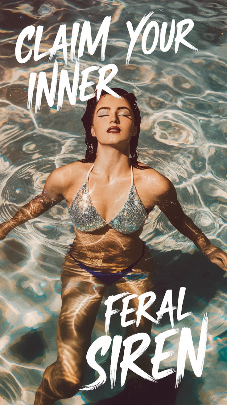 A serene scene of a woman floating effortlessly in sunlit water, wearing a sequined bikini reminiscent of mermaid scales. Her face is lifted toward the sky, eyes closed in meditation, embodying calm confidence and siren energy. The bold text reads "Claim Your Inner Feral Siren," evoking the magic of water spells and connection to ocean-inspired witchcraft.