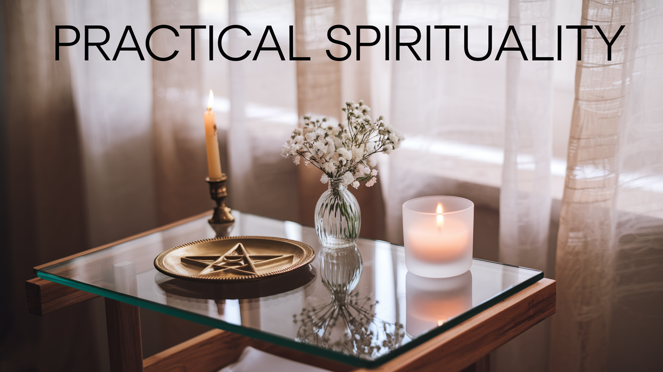 A minimalist glass altar table with a sleek wooden base, adorned with a golden pentagram plate, a single burning candle in a frosted glass holder, and a small vase of delicate white flowers. The setup is softly illuminated by natural light filtering through beige curtains, creating an ethereal and calming atmosphere.
