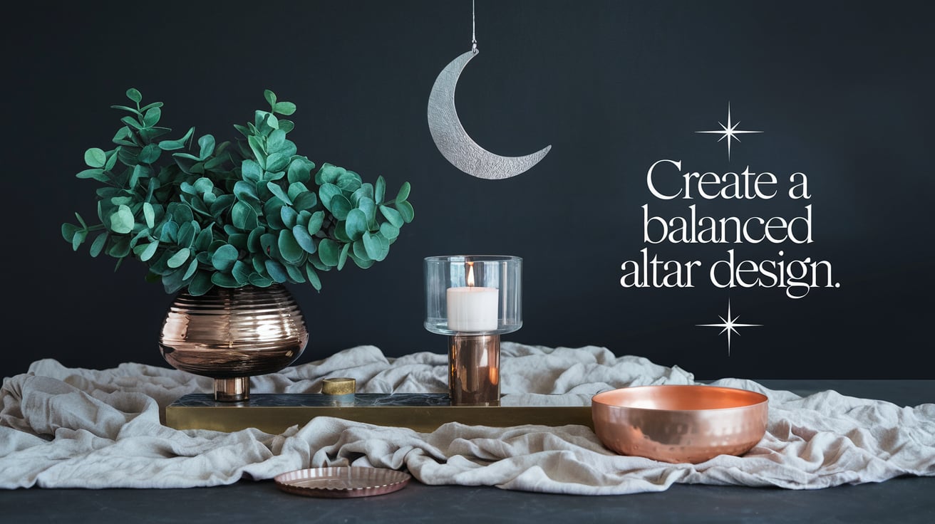 Combining materials for unique altars A minimalist altar design featuring a copper vase with eucalyptus leaves, a sleek candleholder with a white candle, and a crescent moon ornament hanging above. The display sits on a soft beige fabric against a dark backdrop, creating a tranquil and balanced aesthetic. The text, “Create a balanced altar design,” is styled in a clean serif font with sparkling accents, emphasizing harmony.