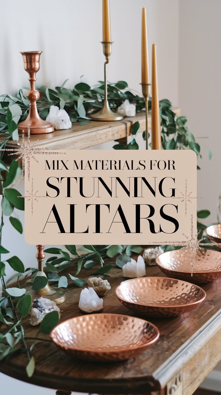 A modern altar with a rustic wooden base adorned with copper bowls, brass candlesticks, and delicate crystals. Eucalyptus leaves weave throughout the setup, enhancing the organic aesthetic. The natural light highlights the contrast between the warm metallic tones and the soft, natural textures. Bold, stylish text framed by sparkling accents reads, “Mix Materials for Stunning Altars.”
