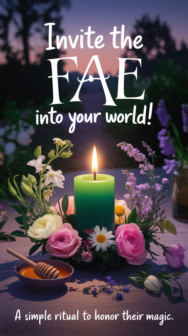 A mystical setup with a green candle surrounded by fresh flowers and herbs, bathed in soft twilight, evoking a magical atmosphere of Fae rituals.