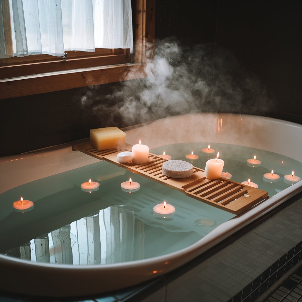 A cozy, self-care bathroom setup with a steaming bathtub surrounded by lit candles. A wooden bath tray holds sponges, a pumice stone, and soap, creating a serene and inviting atmosphere perfect for relaxation.
