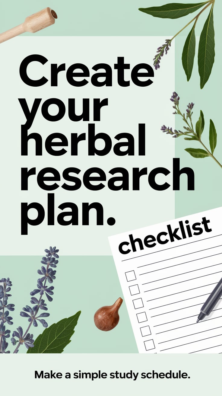 Create Your Herbal Research Plan ‘Create Your Herbal Research Plan’ — modern sans serif, large text, pastel mint background, checklist and herbs; bottom caption: ‘Make a simple study schedule’