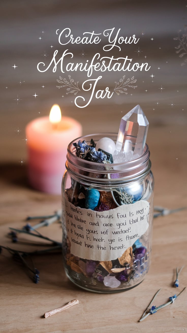 A close-up of a manifestation jar filled with small polished crystals, lavender sprigs, and other dried botanicals. The jar rests on a wooden table, with a lit pink candle casting a soft glow. A large clear quartz point is prominently placed inside the jar. Text above in swirling script reads, "Create Your Manifestation Jar," surrounded by sparkling star accents.