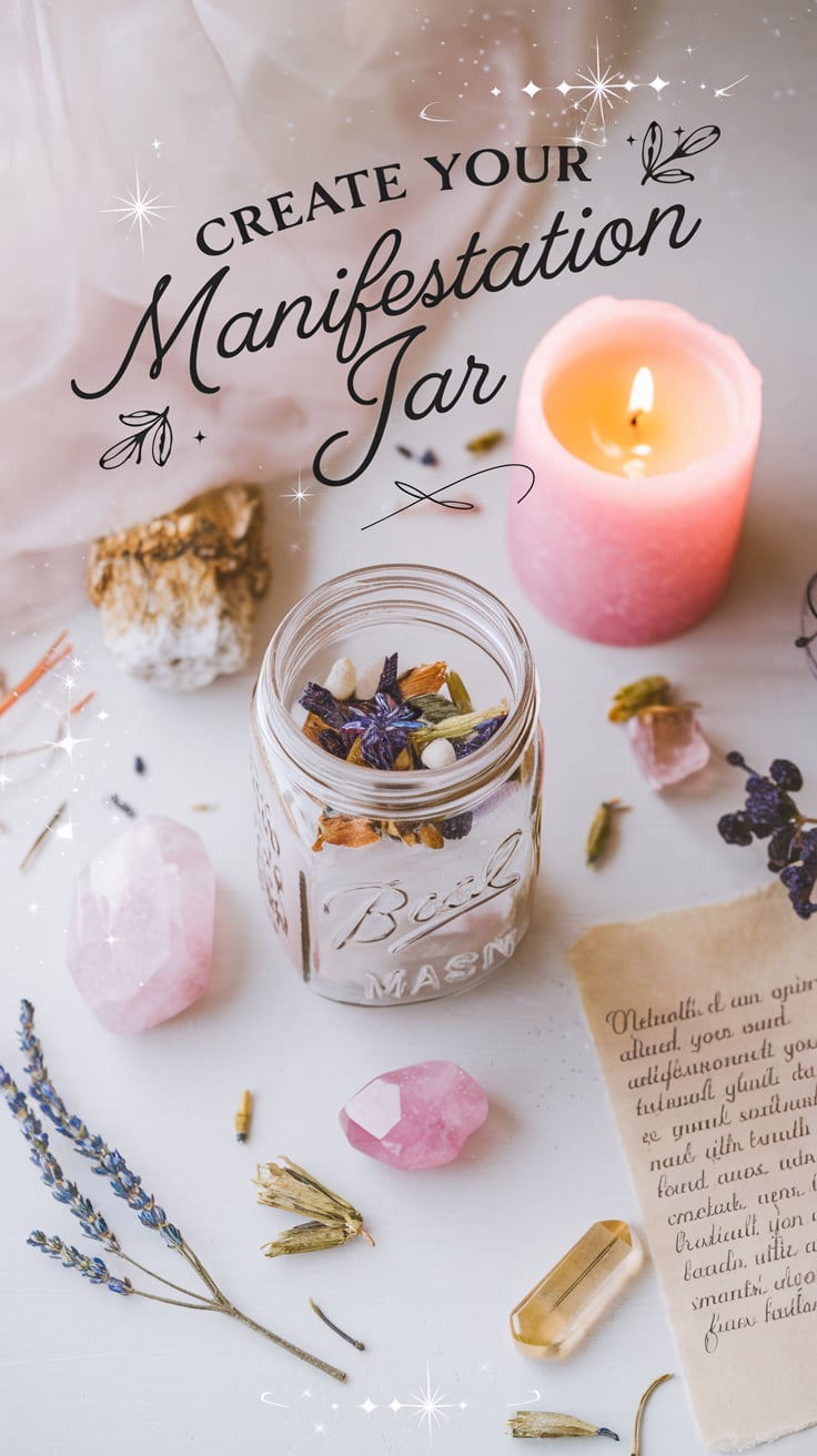 A flat-lay of a manifestation jar on a white table, filled with pastel-colored crystals, lavender, and dried flowers. A handwritten note lies nearby, along with scattered rose quartz and citrine crystals. A glowing pink candle adds softness to the scene. Text in a whimsical font reads, "Create Your Manifestation Jar," surrounded by light sparkles and floral motifs.