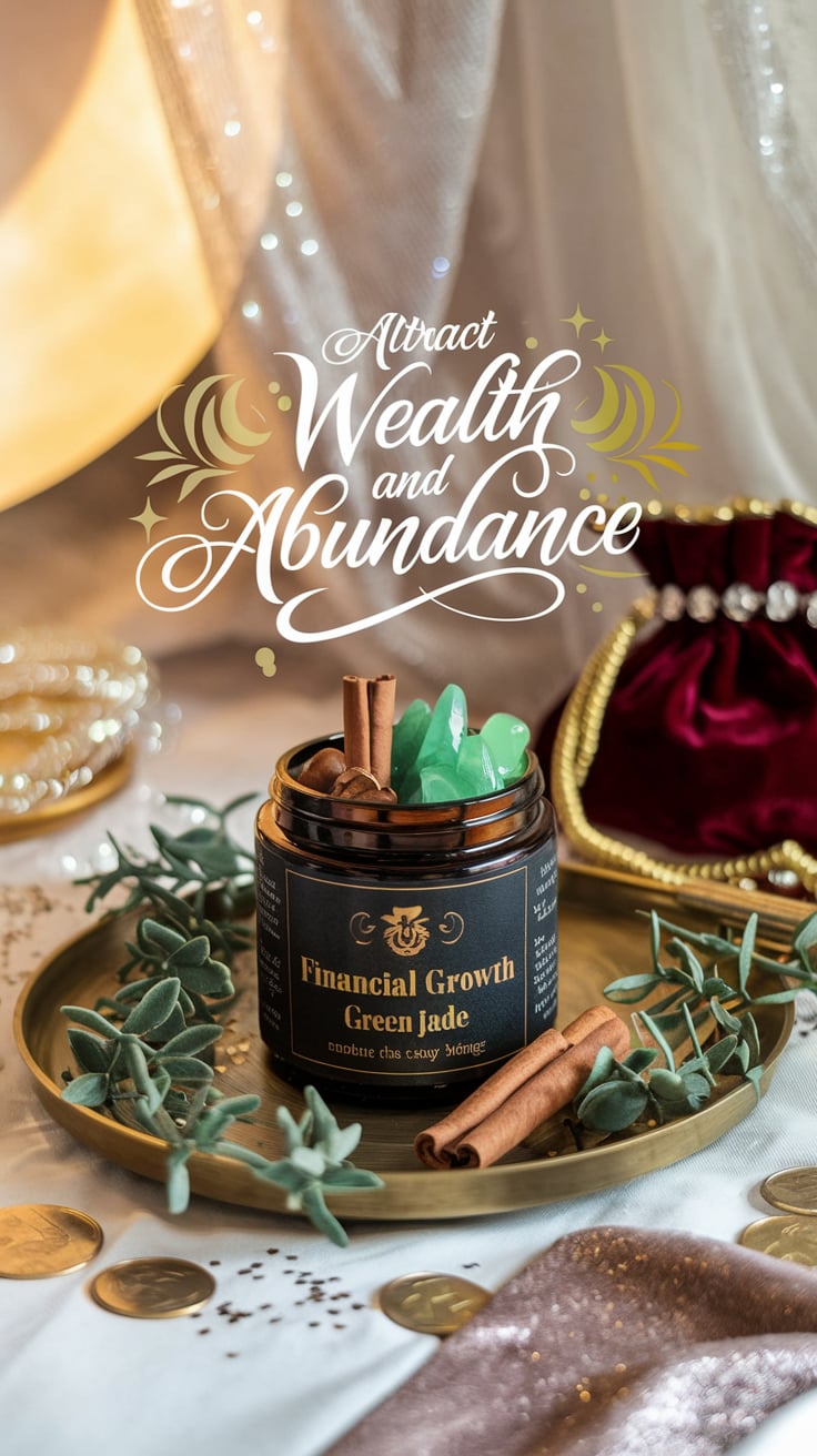 The jar, featuring a striking black and gold label, rests on a golden plate adorned with green jade stones, cinnamon, and sprigs of greenery. The text, "Attract Wealth and Abundance," is styled with swirling golden fonts and decorative motifs, perfectly complementing the serene glow of surrounding candles.