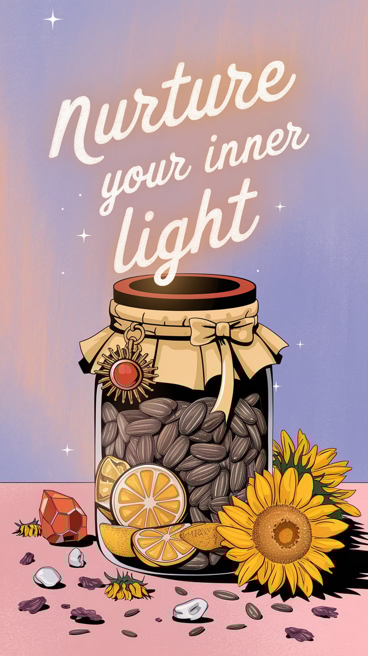 DIY self improvement spell jar A charming illustration of a Self-Improvement Jar featuring sunflower seeds, lemon slices, and a radiant carnelian crystal. The jar is tied with a yellow ribbon and adorned with a sun charm, surrounded by sunflowers and vibrant elements. The pastel background complements the uplifting text: "Nurture Your Inner Light."