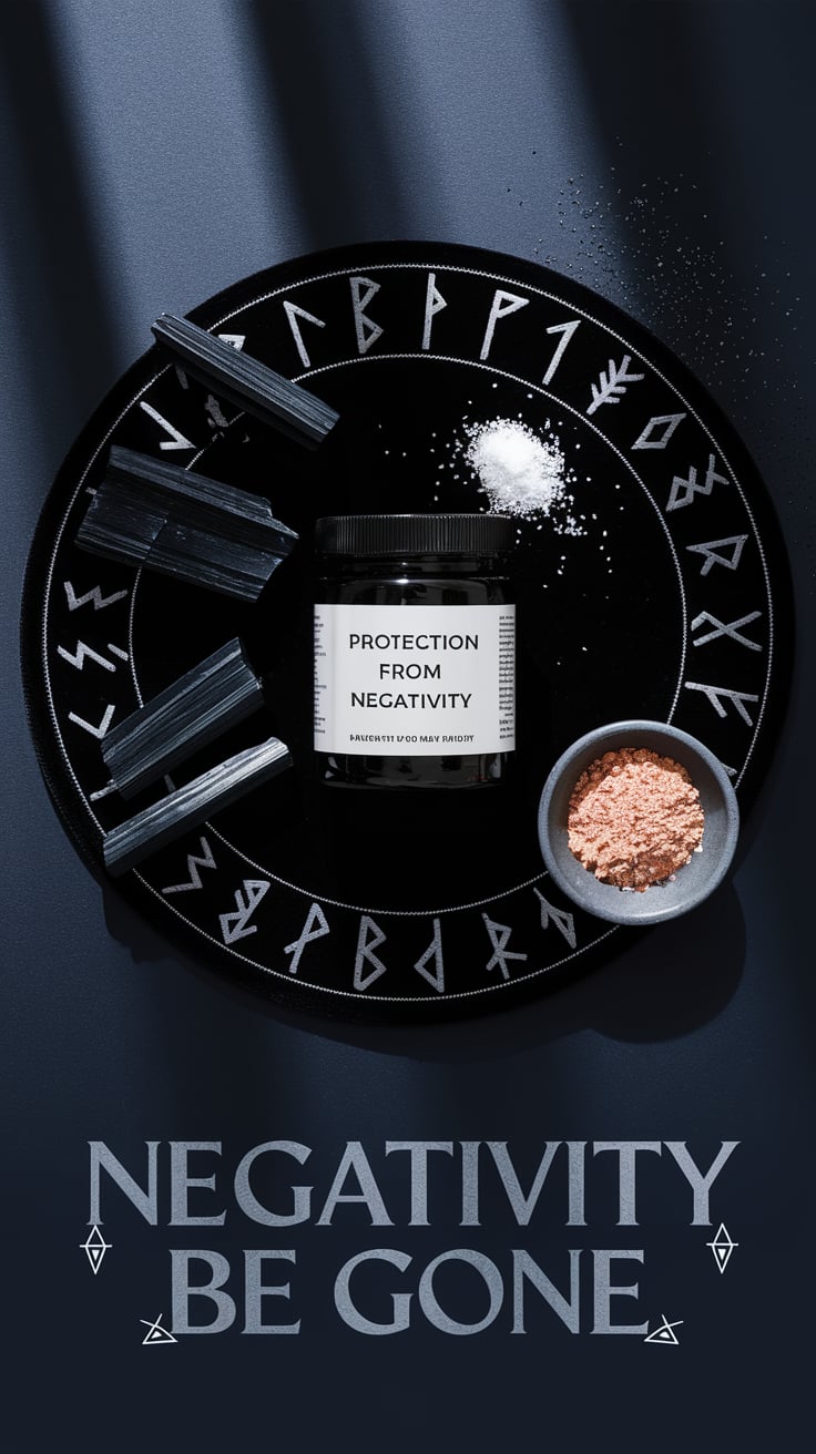 A minimalistic black jar labeled "Protection from Negativity" rests in the center of a rune-inscribed circle. Surrounding it are black tourmaline pieces, a bowl of garlic powder, and scattered black salt. The soft interplay of light and shadow enhances the mystical, protective theme. The text "Negativity Be Gone" is styled with subtle protective symbols.