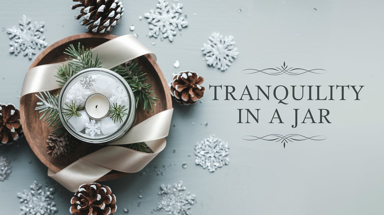 A horizontal composition featuring a spell jar on a rustic wooden tray. Pine needles and snowflake-shaped accents peek out from within, accompanied by a soft glow from the white candle in the jar’s center. Scattered pinecones and silver snowflakes complete the wintry scene, with the phrase "Tranquility in a Jar" displayed in a classic serif font, underscoring the serene atmosphere.