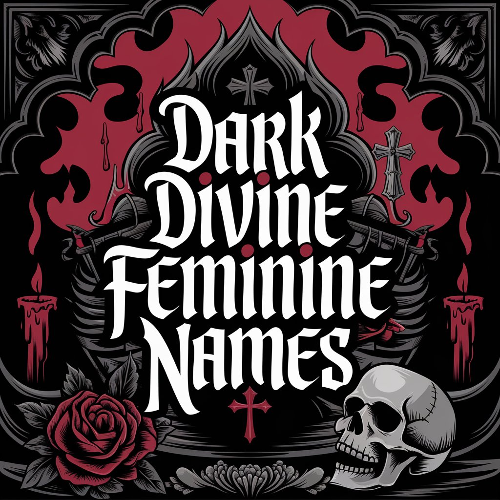 Graphic with intricate gothic patterns, roses, skulls, and dramatic text 'Dark Divine Feminine Names,' evoking a dark yet captivating allure.