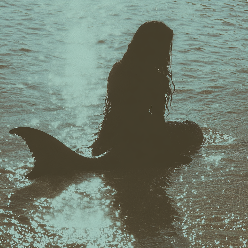 A silhouette of a shadowy siren sits at the edge of the water, with her tail and long hair highlighted by the soft glow of sunlight reflecting on the sea’s surface, evoking mystery and depth.