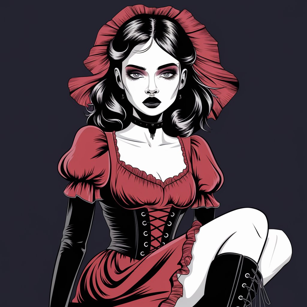 Portrait of a vintage-style gothic woman with a red bonnet and corset dress, showcasing dark feminine elegance