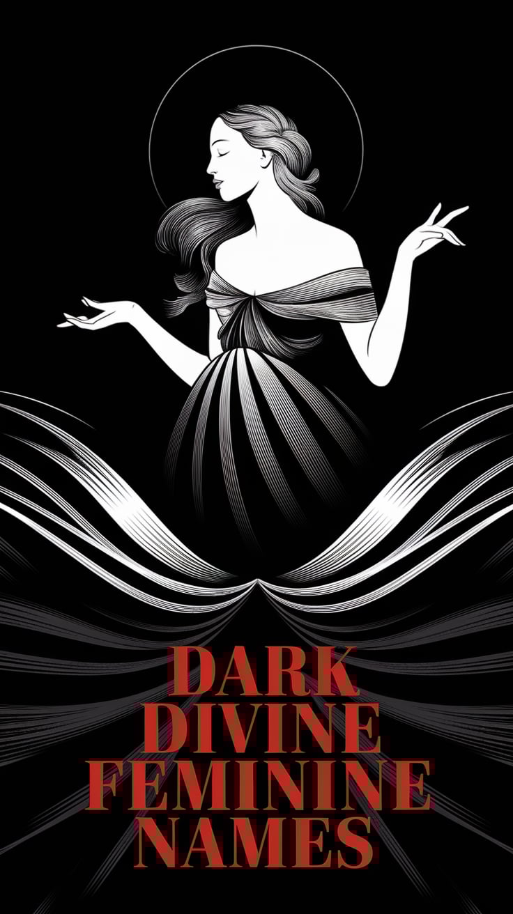 Illustration of a serene woman in a flowing dark dress with a celestial halo, embodying the ethereal elegance of dark feminine names.