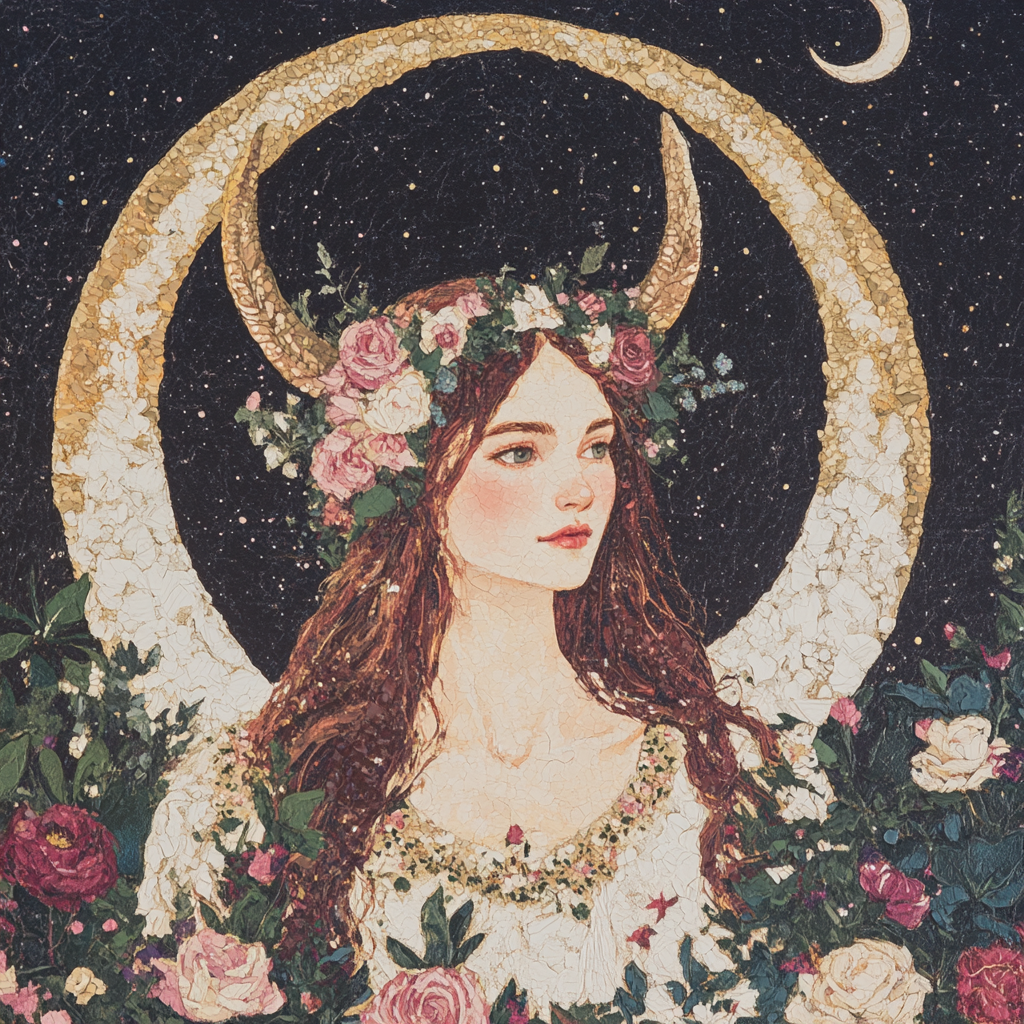 A celestial image of a woman with a floral crown and a crescent moon halo surrounded by roses. This represents Artemis's sacred role as a guide and protector through life’s transitions.