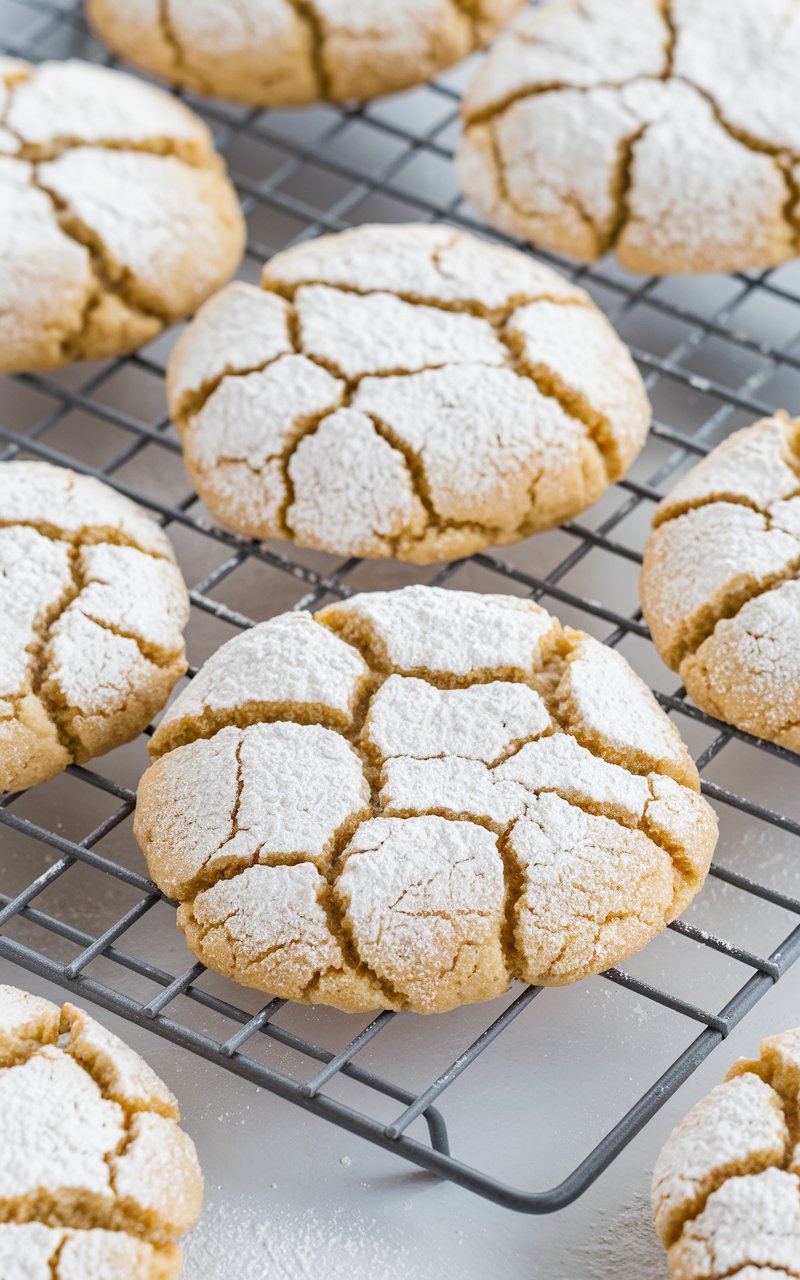 Delicious gooey butter cookies A clean and minimalist close-up of Christmas Ooey Gooey Butter Cookies, arranged on a cooling rack, with their golden edges and soft powdered sugar layer in full focus.
