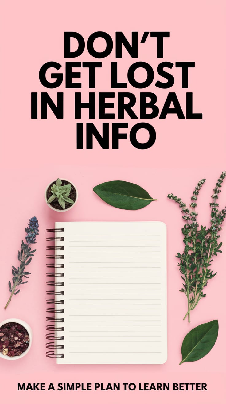 Dont Get Lost in Herbal Info ‘Don’t Get Lost in Herbal Info’ — bold modern font, upper third, soft pink background, blank notebook and herbs; bottom caption: ‘Make a simple plan to learn better’