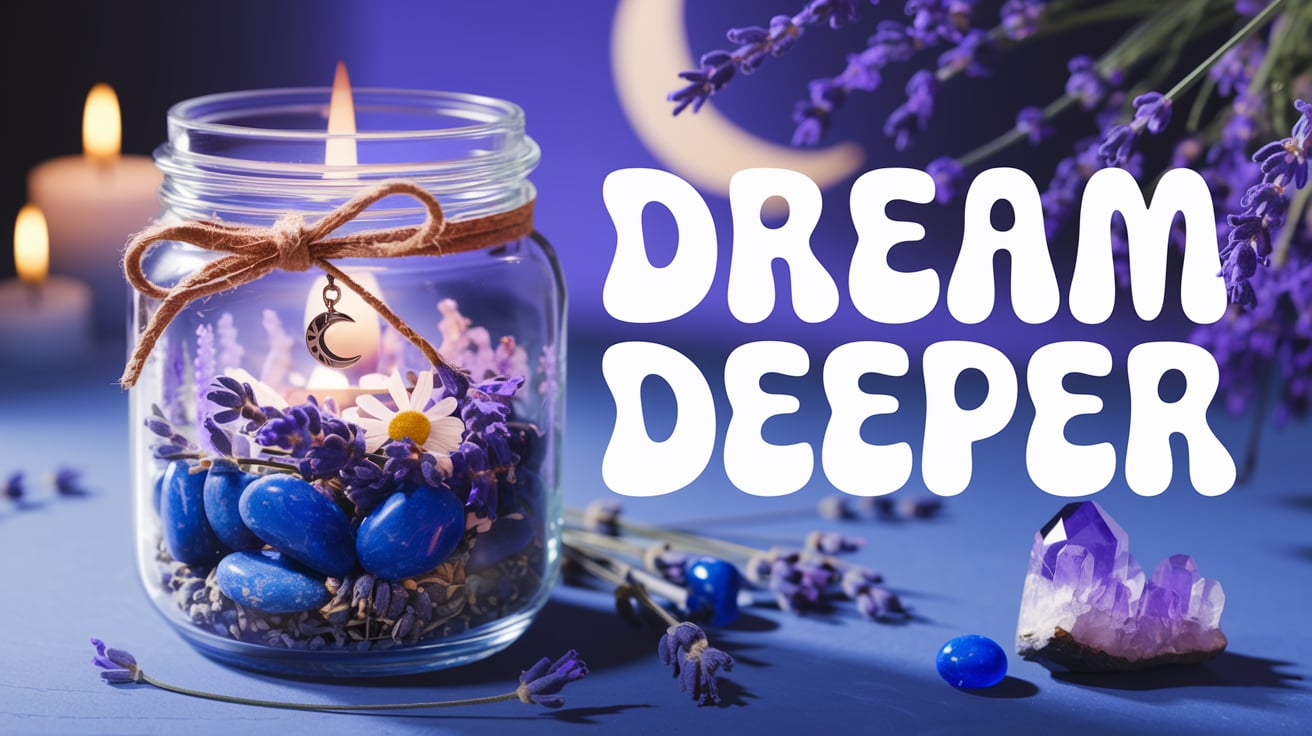 Dream spell jar with lavender A beautifully crafted dream spell jar filled with layers of lavender buds, chamomile flowers, and polished lapis lazuli stones sits at the heart of the composition. The jar is tied with rustic twine, holding a crescent moon charm symbolizing calm and spiritual growth. โDream Deeperโ is written in bold, girly fonts, enhancing the jarโs charm. Surrounded by glowing lavender candles, scattered herbs, and an amethyst crystal, this setup is ideal for those practicing lucid dreaming witchcraft, sleep spells, or looking for beginner-friendly jar spells. Keywords: Dream spell, calm your mind, herbal magic.