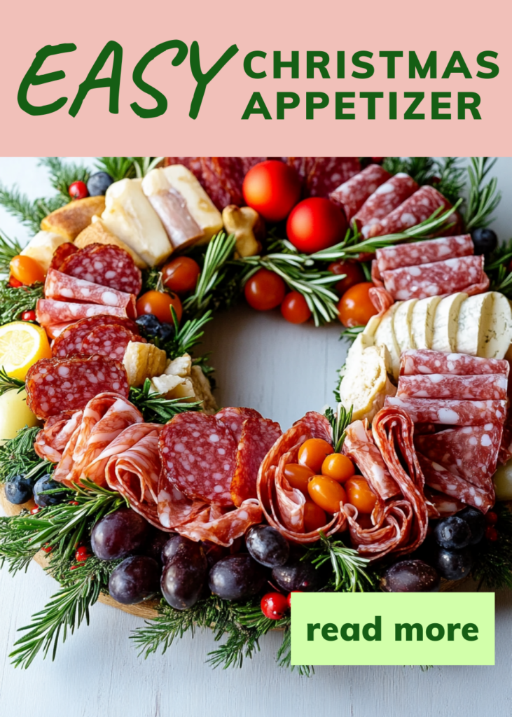 Easy Christmas appetizer A quick and stylish Christmas appetizer with an array of cured meats, cheeses, and fruits like grapes and tomatoes, presented in a stunning wreath design with fresh herbs.