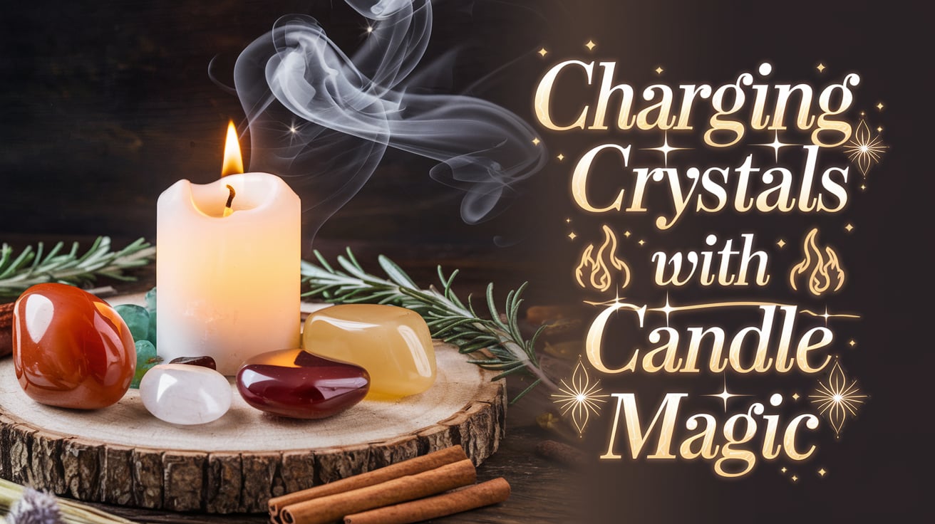 A glowing white candle sits on a rustic wooden slice, surrounded by polished crystals like carnelian, garnet, and citrine. Sprigs of rosemary frame the display, and wisps of smoke rise delicately in the background. The elegant golden text, “Charging Crystals with Candle Magic,” is styled with sparkles and flame motifs, emphasizing the ritual's magical energy.