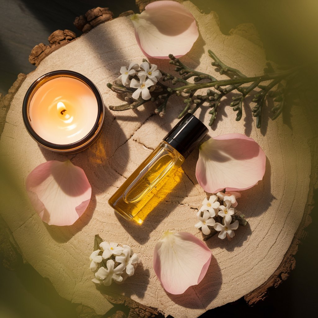 A glowing candle and a golden bottle of essential oil are arranged on a wooden slab, surrounded by white flowers and rose petals. The soft lighting and greenery add a touch of nature and magic to the romantic setting.
