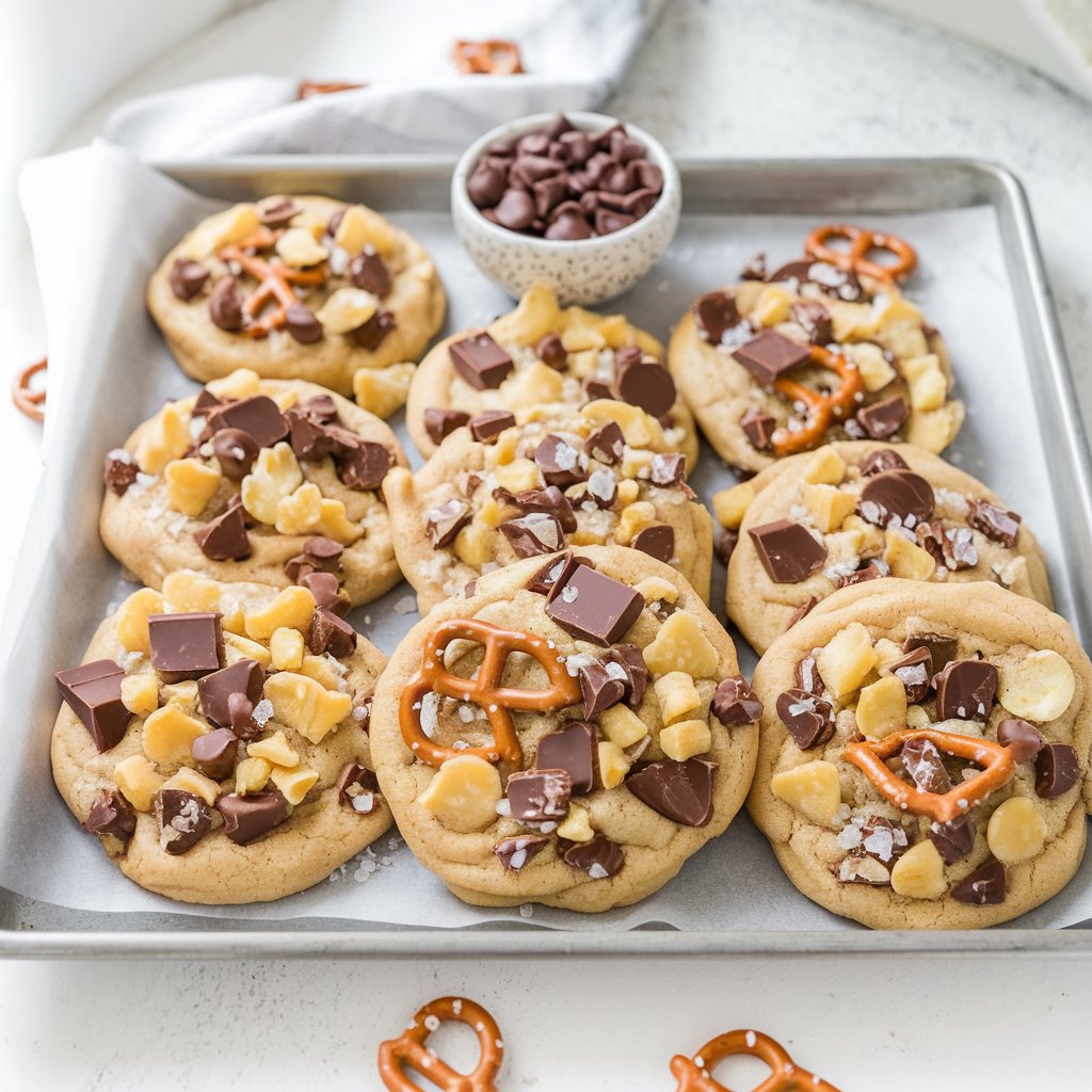 A tray of golden-brown kitchen sink cookies loaded with chocolate chunks, pretzels, and potato chips, perfect for holiday dessert tables or gifting during the Christmas season.